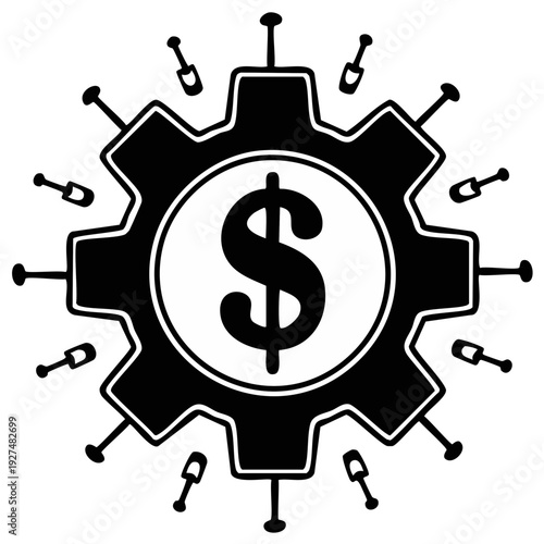 Cogwheel with dollar sign at center and stylized coronavirus symbols radiating outwards symbolizing economic impact
