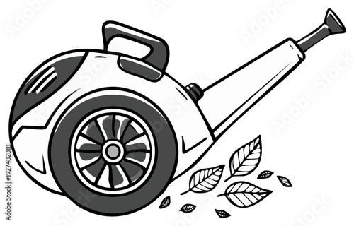 Mechanical leaf blower device with rotating wheels and scattered autumn leaves illustration