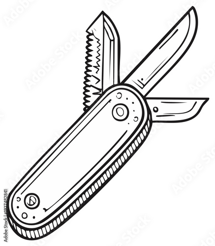 Open multitool knife with blade and saw detailed line art drawing