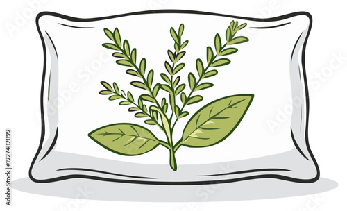 Stylized pillow with green foliage graphic, botanical bed decor design, textile accent, modern bedding, leaf elements