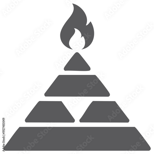 Abstract tiered pyramid structure with a burning flame spiritual enlightenment symbol flat icon