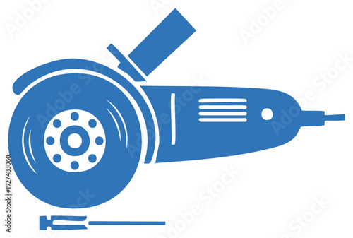 Blue angle grinder icon or symbol. Construction or repair tool design