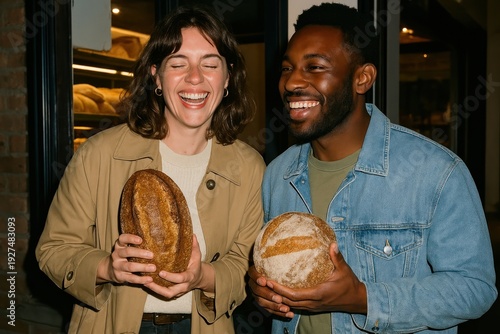 Happy friends holding bread