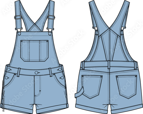 Blue denim dungaree shorts vector line art illustration for women with front pocket and adjustable straps shown from front and back technical clothing views