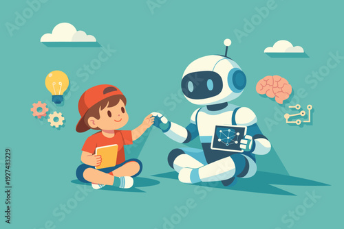 Child Creating Ideas With AI. Ai and Human Colaboration Concept. Vector graphic illustration