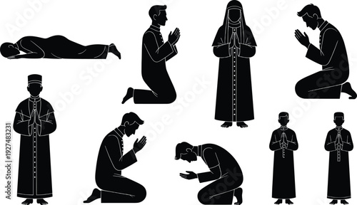 Black vector silhouette set of Muslim men in various prayer positions including standing kneeling and prostrating for Islamic religion and spiritual devotion designs