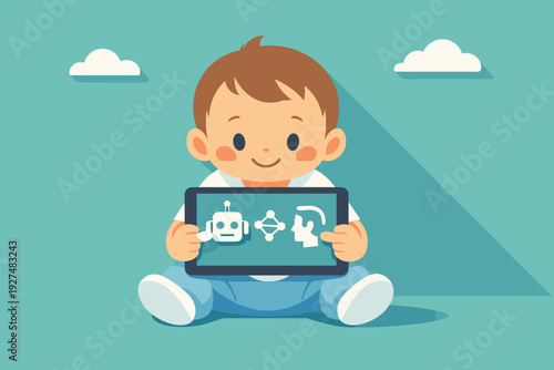 Child Playing Educational AI. Ai and Human Colaboration Concept. Vector graphic illustration