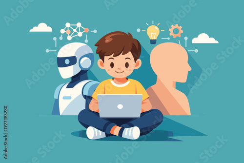 Child Studying Together With AI. Ai and Human Colaboration Concept. Vector graphic illustration