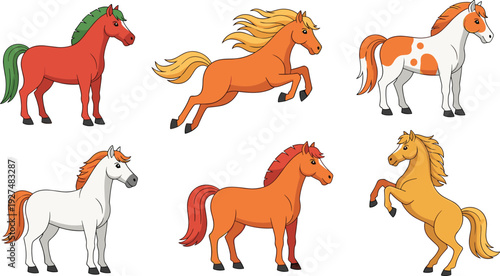 Horse and Pony Vector Illustration Set with Colorful Stallion Characters in Different Poses including Running Jumping and Rearing for Equestrian Design