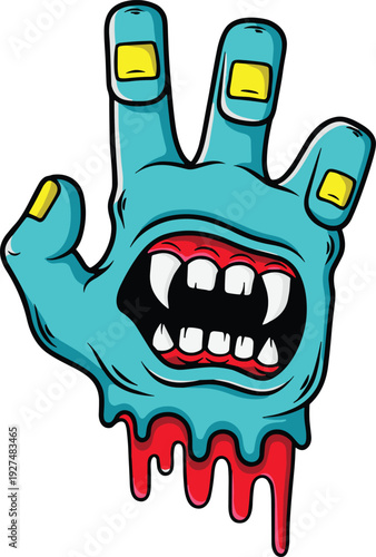 Blue severed monster hand with sharp fangs and blood dripping from the wrist for Halloween horror themes stickers streetwear apparel and urban graphic designs