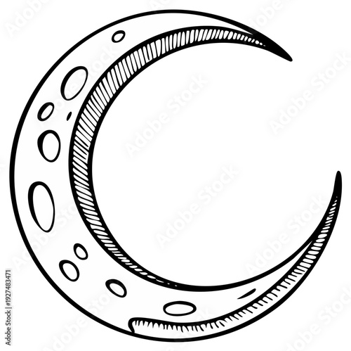 Hand Drawn Crescent Moon Illustration with Crater Details Artistic Sketch Celestial Body