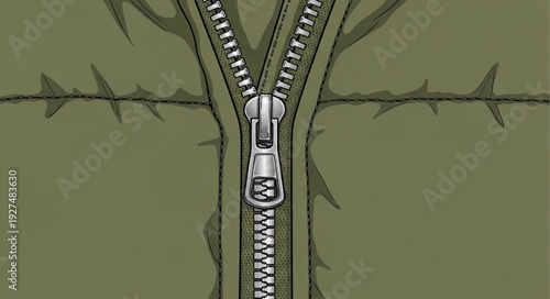 Closeup of a Metal Zipper on Fabric.