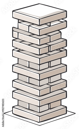 Tall wooden block tower game structure balanced precariously against collapse