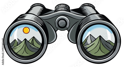 Binoculars View Reflecting Mountain Landscape and Sky Scene Cartoon Illustration