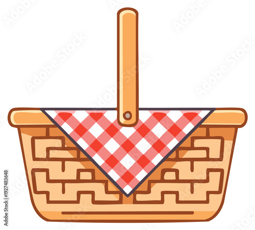 Wicker Picnic Basket with Red and White Gingham Checkered Cloth Illustration for Outdoor Events and Summer Fun
