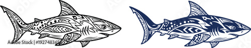 Ornamental shark illustration set, tribal patterned marine predator artwork in black and blue isolated ocean animal design