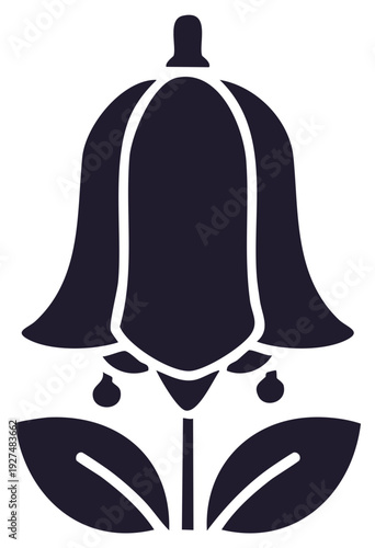 Stylized Bell Flower Silhouette with Leaves and Droplets