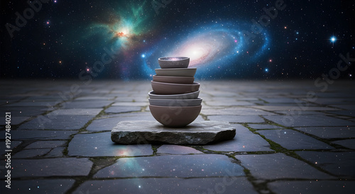 Wallpaper Mural A vertical pile of earthen bowls balanced on a flat rock in a stone courtyard with a colorful galaxy background Torontodigital.ca