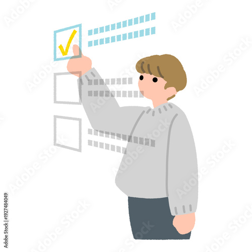 空中に投影されたチェックリストの項目を指差して選択する中性的な人物のフラットデザインイラスト デジタルUI操作と項目選択の表現
