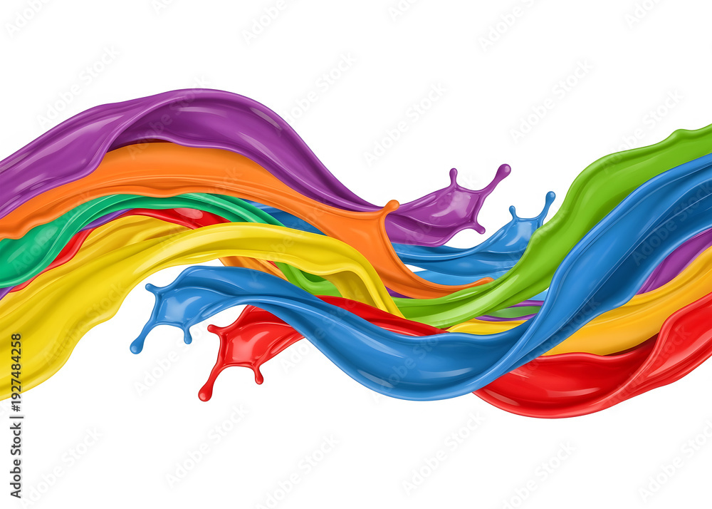 Fototapeta premium Flowing liquid paint splashes in rainbow colors isolated on clean white background