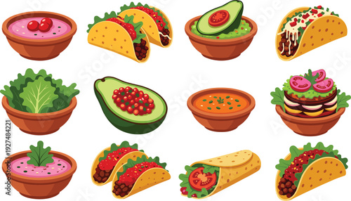 Colored vector set of various Mexican food including beef tacos with lettuce and tomato avocado halves spicy dips and burrito for restaurant menu designs