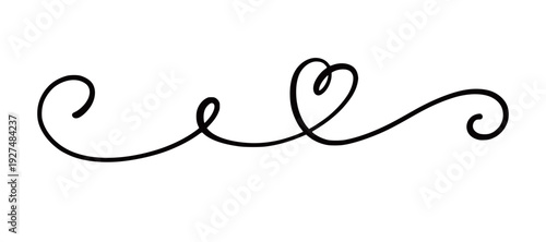 Heart love line swirl set. Love heart swirl calligraphy hand drawn icon shape wedding graphic element. Hand drawn flourish ribbon elegant ornament, calligraphic text border. Vector illustration