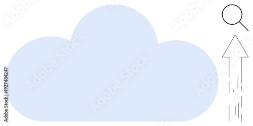 Cloud storage, data management, technology innovation, internet services, file sharing, online platforms. Cloud shape with upload arrow and magnifying glass. Cloud storage and data management concept