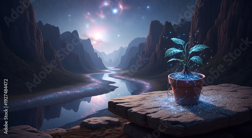 Wallpaper Mural A small green plant in a pot glowing with blue sparks sitting on a rocky ledge above a winding cosmic river at night Torontodigital.ca