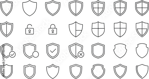 Collection of minimalist line icons featuring security shields, padlocks, protection symbols, data safety elements, and cybersecurity interface graphics for web design.