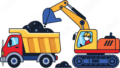 Colorful vector illustration of a yellow excavator loading dirt into a red dump truck with a construction worker operator for industrial building projects