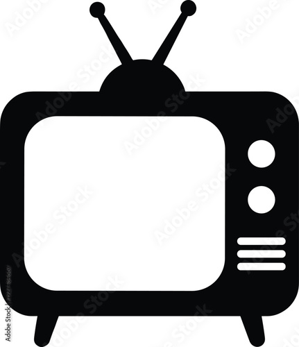 Retro vintage television set icon black silhouette with antenna isolated on white background for old media broadcasting news and classic entertainment technology design