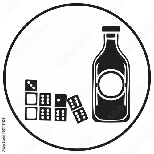 Graphic vector illustration of a bottle and dominoes for design or logo in black and white