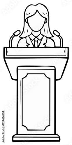 Person speaking at a podium with microphones for public address or presentation