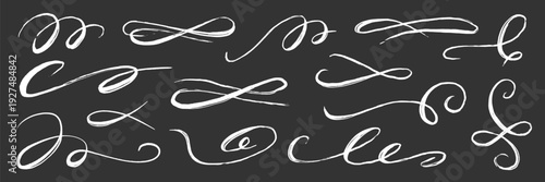 Flourish drawn swash line set. Flourish line calligraphy hand drawn pen chalkboard brush stroke..Elegant vintage doodle swirl scroll underline text decoration on blackboard. Vector illustration.