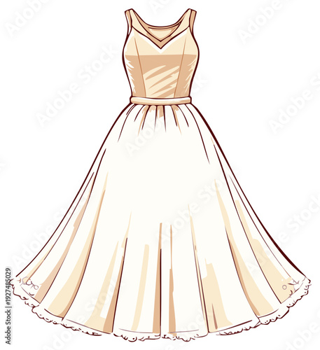 Illustration of elegant wedding dress with a fitted bodice and flared skirt