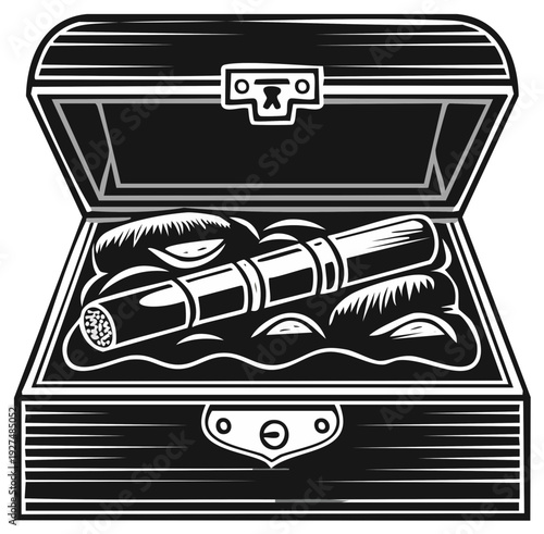 Engraved Open Treasure Chest with a Cigar and Gold Coins Inside a Black and White Vintage Design