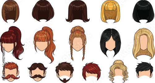 Colorful vector illustration set of diverse hairstyles and facial hair styles for men and women including braids bobs ponytails and mustaches for salon branding