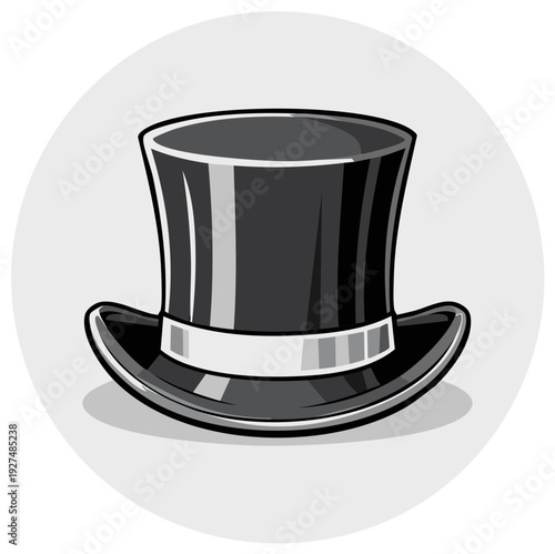 Classic Black Top Hat Icon with Silver Band Isolated.
