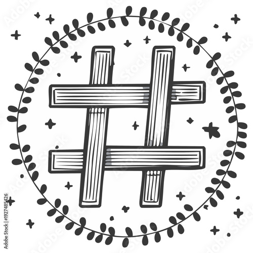 Hashtag Symbol Surrounded by Floral Wreath Hand-Drawn Illustration
