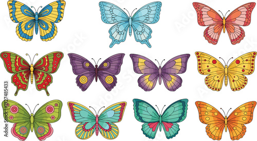 Colorful vector illustration set of diverse tropical butterflies with detailed wing patterns for nature conservation spring garden education and insect wildlife branding