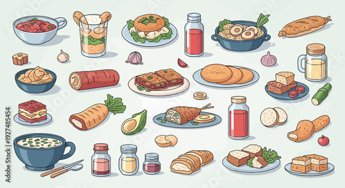 Assorted Food Items and Ingredients on Plates and Bowls.