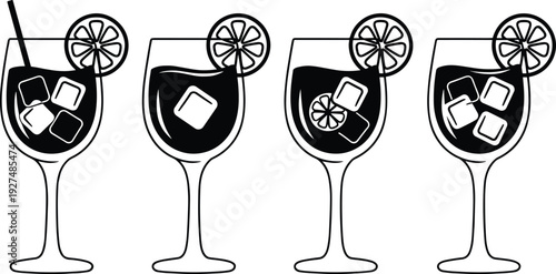 Set of four black and white cocktail glass icons with ice cubes lemon slices and straw isolated on white background for summer drink menu