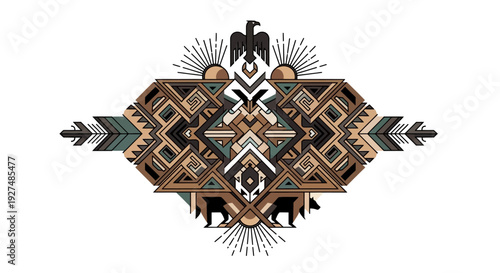 Geometric Native American tribal pattern with arrow and sunburst design.