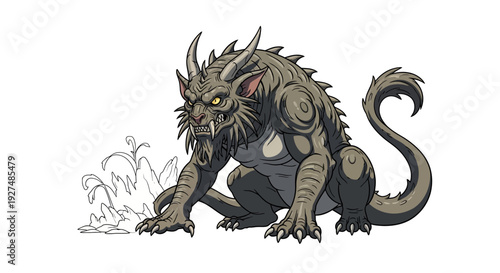 Fantasy creature with horns and spiky fur crouching.