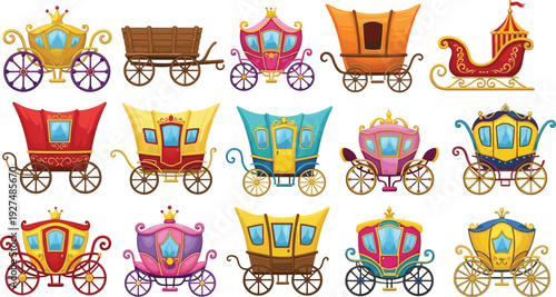 Colorful vector illustration set of royal fairy tale carriages horse drawn wagons and Cinderella style coaches for princess themes fantasy weddings and festival branding