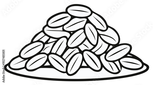 Stylized Heap of Coffee Beans on a Plate, Black and White Outline, Coffee Shop Graphic Element