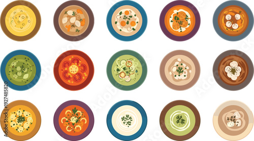 Colorful vector illustration set of various delicious gourmet soups and cream broths in ceramic bowls for restaurant menus healthy eating and culinary branding