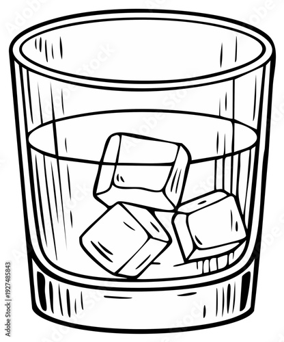 Simple hand-drawn illustration of a clear glass filled with an amber liquid and three ice cubes.