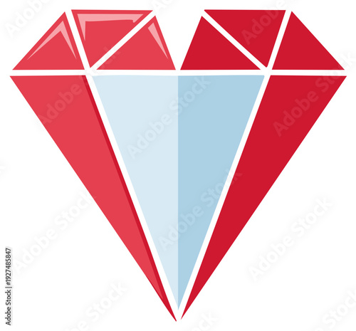 Red faceted diamond gemstone symbol with light blue center facets isolated on white