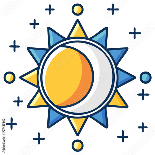 Sun and Moon Illustration Graphic with Stars and Planetary Elements